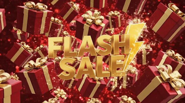Golden ' Sale' text with lightning bolt surrounded by red gift boxes on