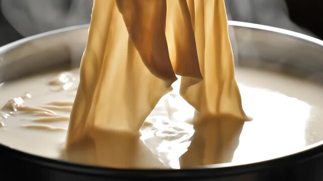 Close up of bamboo stick lifting fresh yuba tofu skin from boiling soy milk in metal pot traditional Asian cuisine cooking process