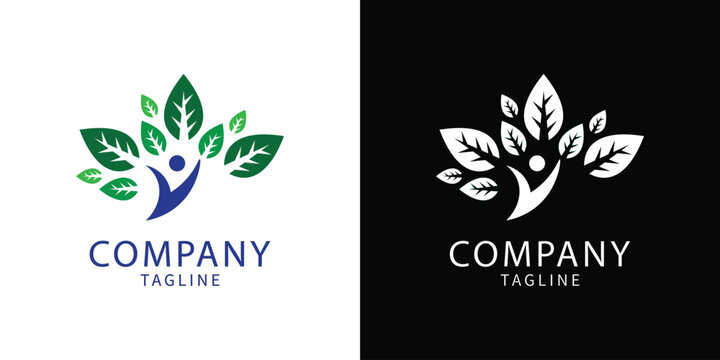 Abstract emblem design depicting a person embraced by stylized leaves a conceptual representation suitable for branding and business applications