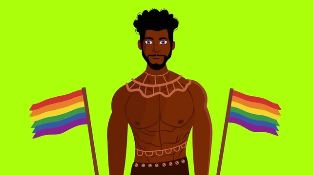 man with traditional necklace and rainbow flags on green screen