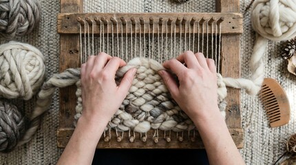 Bird's Eye View of Hands Interlacing Thick Wool Roving on Traditional Loom with Rich Tactile Textures
