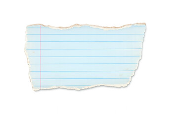 Blue lined torn paper fragment with ragged edges, a blank scrap of notebook sheet, isolated for notes or messages. Transparent background