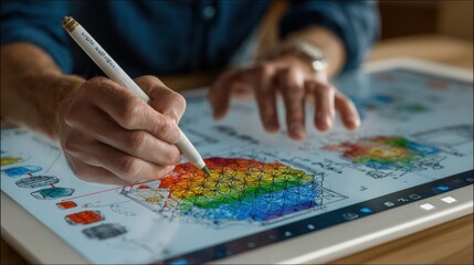 Fototapeta premium A person sketches on a digital tablet, colorful illustration displayed