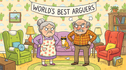 Elderly Couple Arguing in Living Room Under Humorous 'World's Best Arguers' Banner, Grumpy elderly couple face off in a colorful living room decorated with a humorous banner