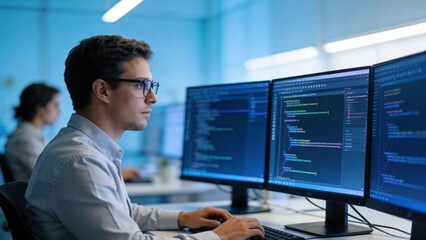 Man working on computer with multiple monitors