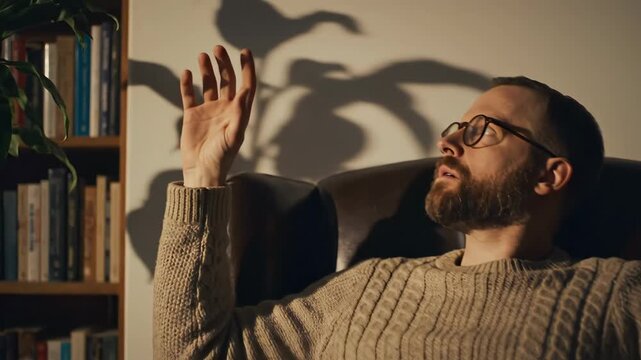 Stressed man experiencing panic attack at home