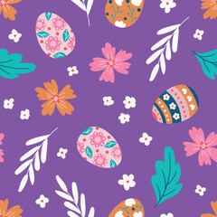 A seamless pattern with Easter eggs, flowers, and leaves. Design for fabric, textiles, wallpaper, and packaging