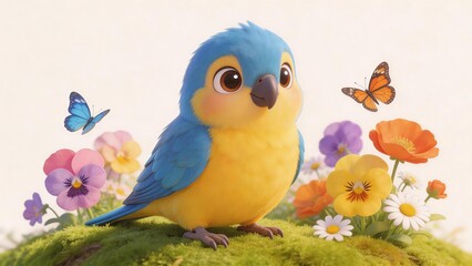 Colorful bird with butterflies and flowers