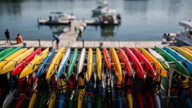 Midday drone perspective with rows of colorful kayaks and paddleboards lifejackets in sharp focus on racks while the busy dock blurs behind.
