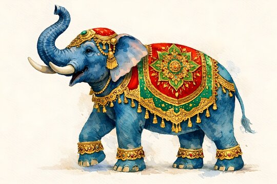 Ornate blue festival elephant in traditional watercolor style.