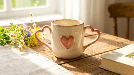 Cozy Heart Mug With two holders on Rustic Wooden Table by Window With Wildflowers and Book