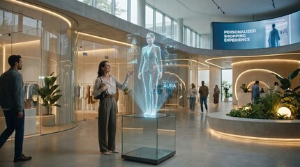 Customer interacting with a personalized AI hologram assistant in a luxury futuristic shopping mall