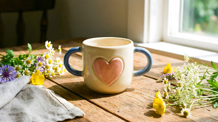 cup with heart in center and two cup handles on each side on calm home background with flowers on the sides
