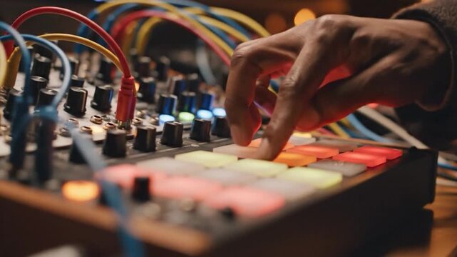 Person's hand adjusting controls on a modular synthesizer for music production