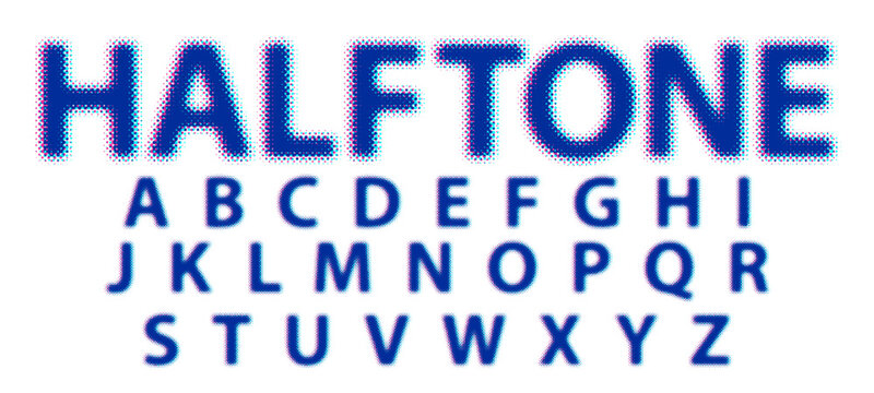 Halftone dotted font, color separation for printing, analog color shift effect. ABC vector illustration.