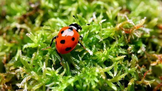 Close up of ladybug on green moss with detailed textures and colors