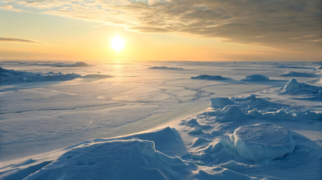 Vast Frozen Tundra With Snow Dunes And Low Polar Sun