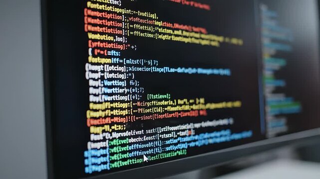 Video of computer screen displaying lines of colorful coding on a black background