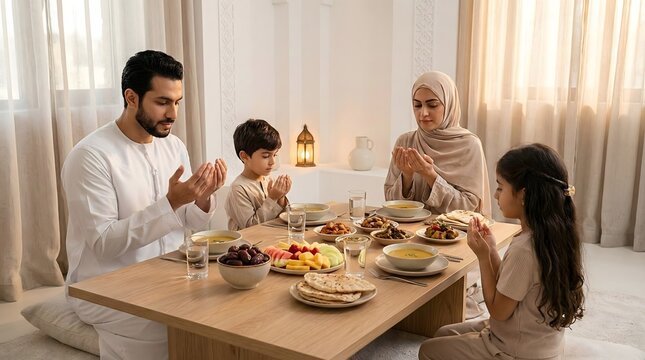 Muslim family praying together before Iftar meal during Ramadan at home, embracing cultural and religious traditions.