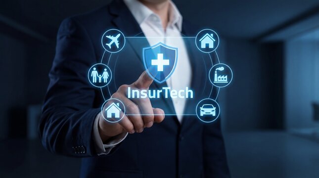 Businessman interacting with digital insurance technology interface showcasing various insurance options and protection services in a modern and secure environment with insurtech innovations