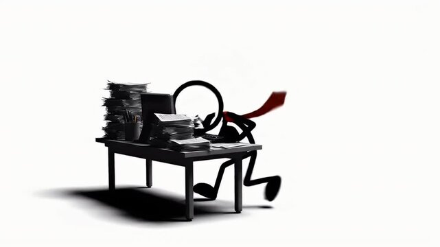 Animated Stickman Overwhelmed by Stack of Papers at Desk in Office with Red Tie