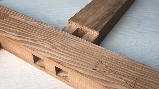 A master craftsman constructs complex joinery for timber framing