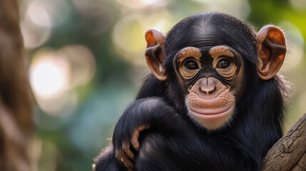 Portrait of free wild chimpanzee. Wild Chimpanzee portrait