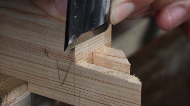 A skilled woodworker uses a chisel to refine square mortise joints