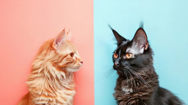 Two cats face each other against split pink and blue background