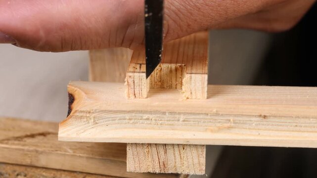 A skilled woodworker uses a chisel to refine square mortise joints