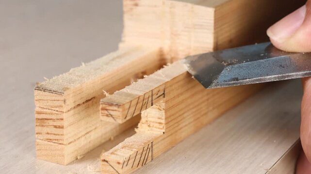 A skilled woodworker uses a chisel to refine square mortise joints