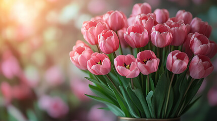 Obraz premium Pink tulips with gift. Mothers Day, Valentines Day, Birthday