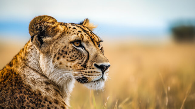 Portrait of cheetah sitting on grass field at sunset