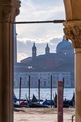 Fototapeta premium Venetian Lagoon view with gondoles in winter morning
