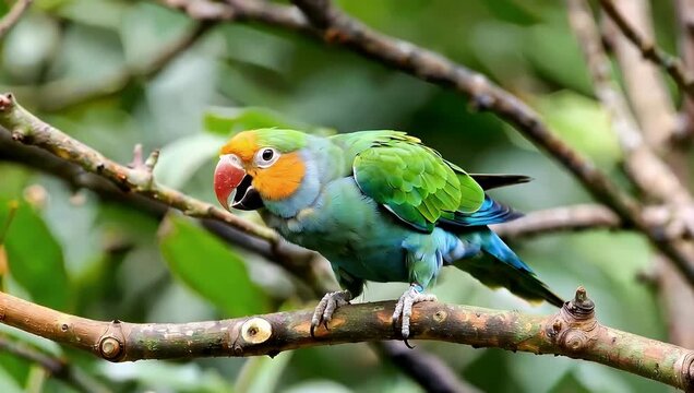 Colorful parrot perched on a tree branch with vibrant plumage outdoors