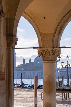 Venetian Lagoon view with gondoles in winter morning