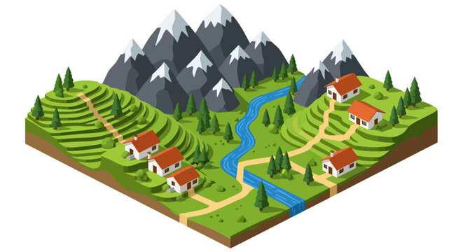 An idyllic isometric landscape featuring red-roofed cottages nestled among terraced green hills and pine trees, divided by a winding blue river beneath majestic snow-capped mountains