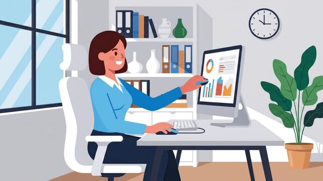 Flat minimal corporate 2D animation of businesswoman using desktop computer continuous typing loop occasional mouse movement bright organized office background featuring bookshelf decorative plant wal