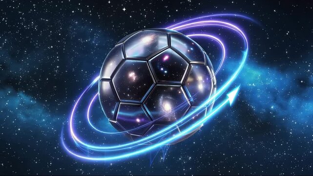 Futuristic soccer ball with glowing energy rings in dark space background