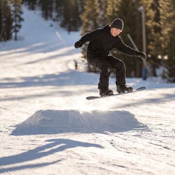Snowboarder jumps in winter terrain at a ski resort during daytime