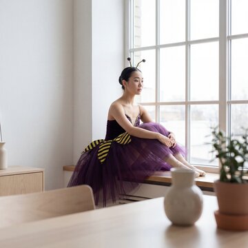 Ballerina sits by window in purple outfit with bee antennae