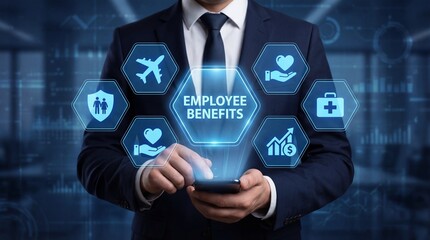 Professional man in suit interacting with digital display showcasing various employee benefits icons on a smartphone screen