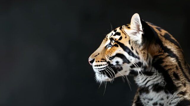 Close-up of ocelot looking up against dark background
