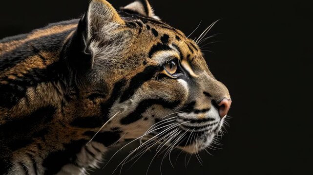 Profile view of clouded leopard's detailed face set against black background