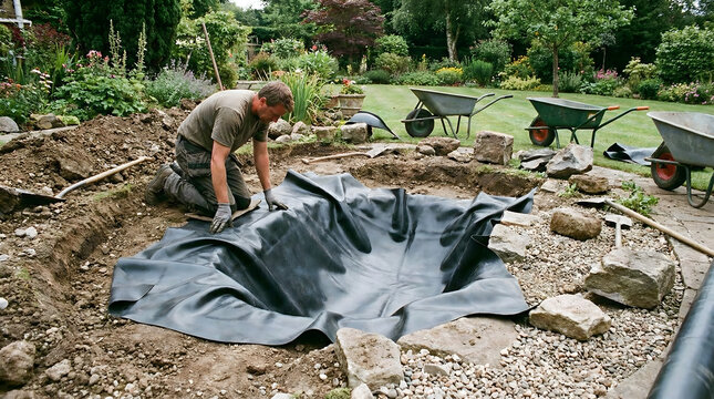 Man installing black pond liner in a garden during outdoor landscaping project surrounded by greenery and construction tools