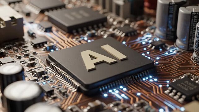 Video of closeup of a computer circuit board with a microchip labeled ai and glowing blue lights on a copper background