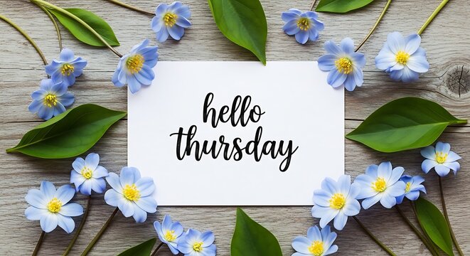 A white card with the handwritten message hello Thursday surrounded by blue flowers and green leaves on a wooden background
