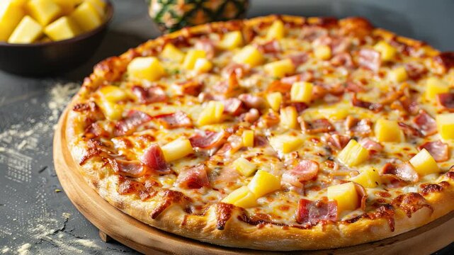 Fresh pizza with pineapple and ham on wooden board