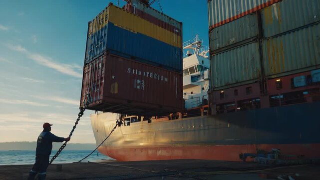 Shipworker Securing Cargo Ropes on Dockside Vessel at Sunset - Maritime Logistics and Industrial Port Operations