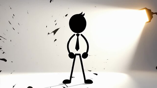 Black Stickman Typing Laptop with Blue Light Streaks and White Background
